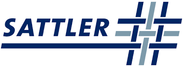 Sattler Logo mit blauen Schriftzug und Design-Elementen