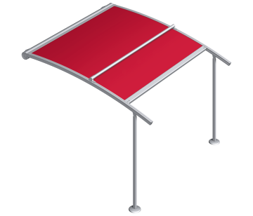 Dach mit rot-hölzernen Platten und einer Überdachung aus Glas.