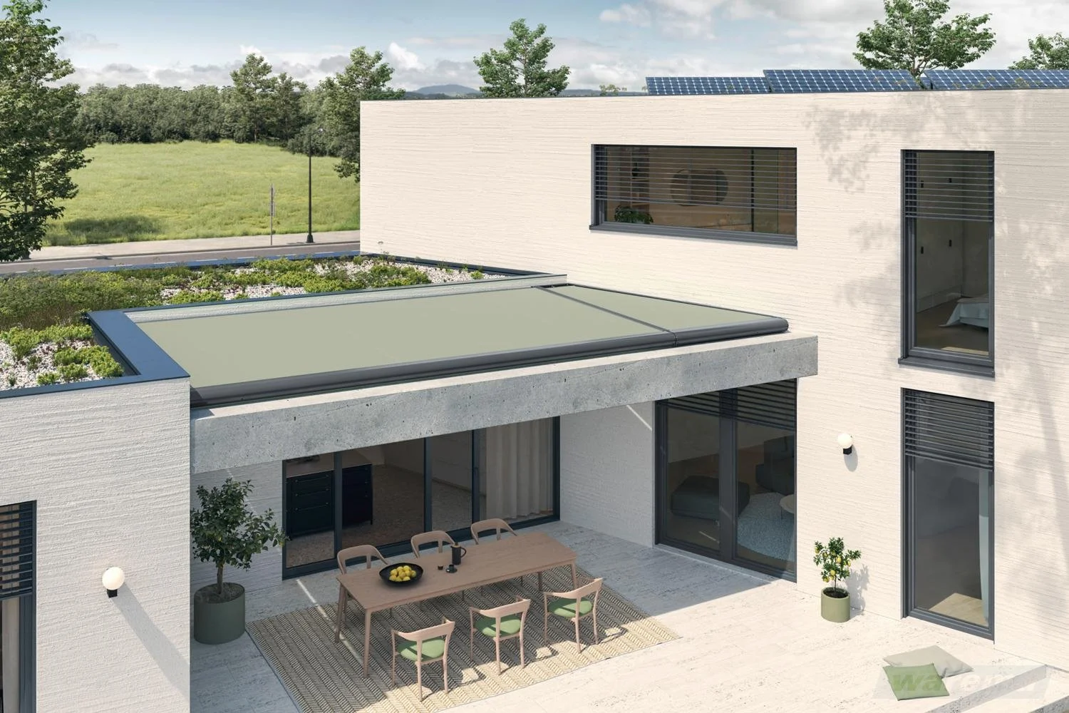 Moderner Hausgarten mit Terrasse, Esstisch, Stühle, Pfütze auf dem Boden, Pflanzen und ein Begrünungssystem auf dem Dach, großes Fenster und Sonnenkollektoren auf dem Dach.