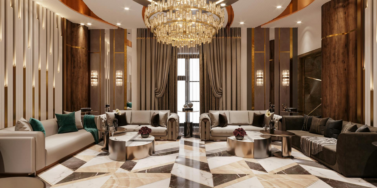 Luxurious hotel lobby with modern decor, large chandelier, white sofas, dark and gold accents, marble floor, and tall windows with curtains.