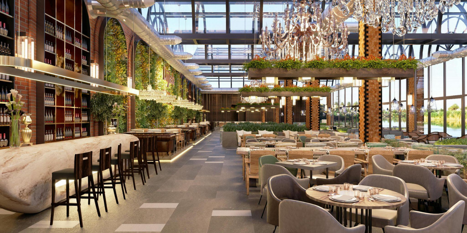 Interior of a modern, upscale restaurant with a glass ceiling, chandeliers, green plants, and neatly set tables for dining.