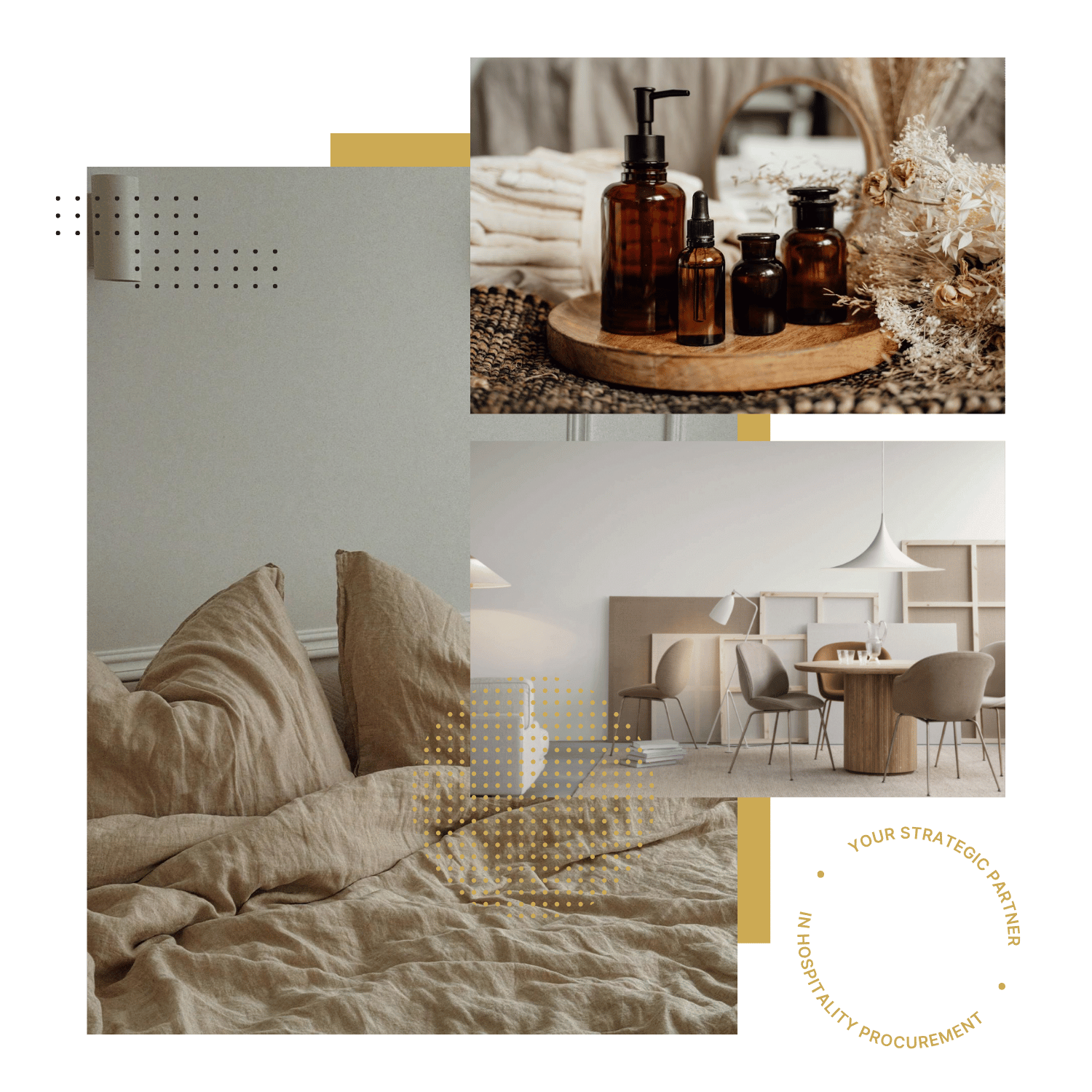 A collage of interior design images featuring a beige linen bed, brown glass bottles on a round wooden tray, and a modern dining area with beige chairs and a wooden table.