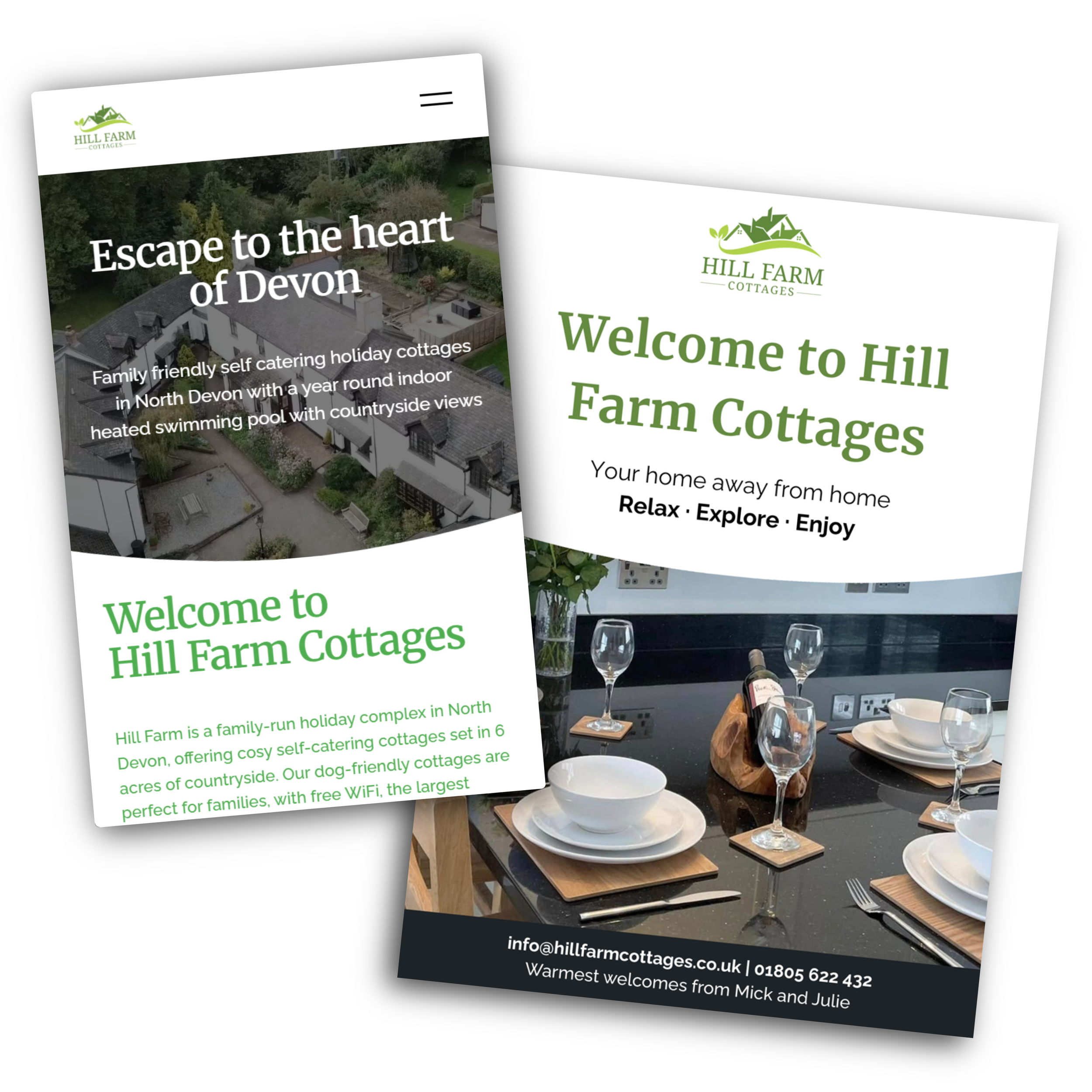 Two overlapping digital brochures or flyers for Hill Farm Cottages, featuring images of cottages, greenery, and a dining setup with wine glasses and tableware in a modern kitchen or dining area.