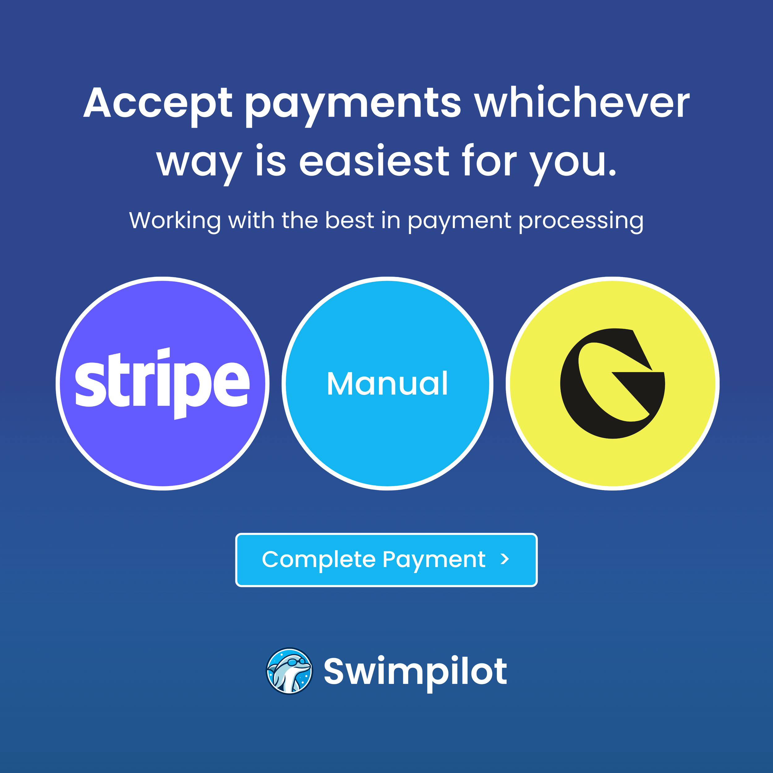 Payment options for Swimplot including Stripe, Manual, and G Payment, with a blue background and a button labeled 'Complete Payment'.