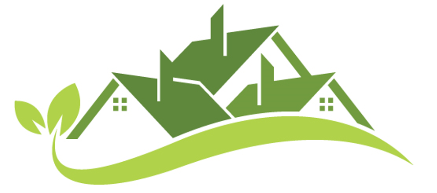 Green illustrations of houses with trees, representing eco-friendly or sustainable community housing.