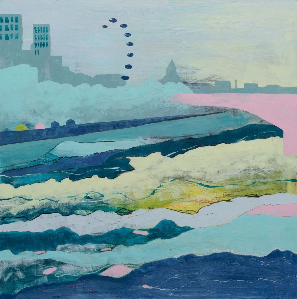 Abstract painting depicting a city skyline in the background and a landscape with layered blue, green, white, and pink tones in the foreground.