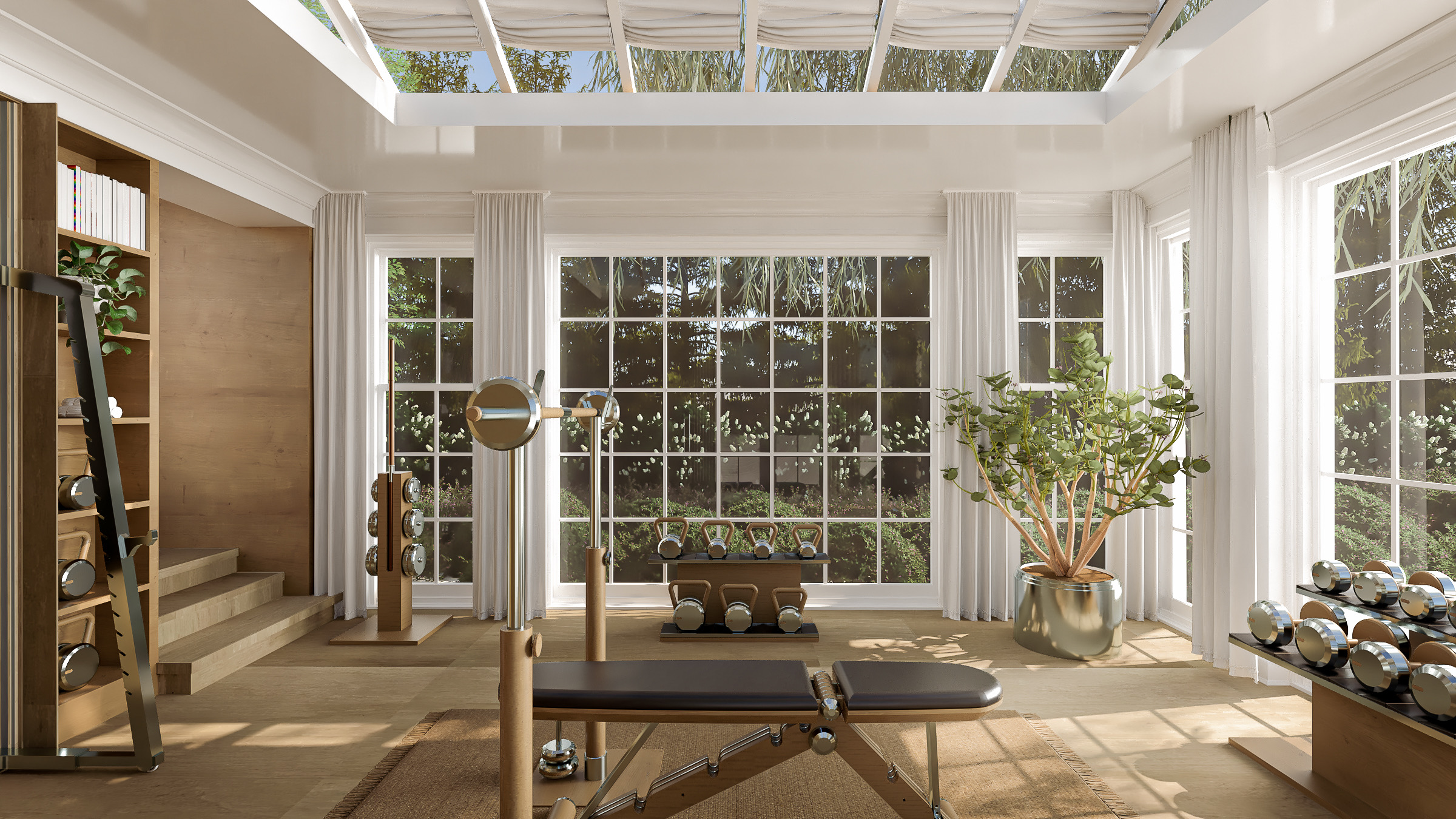 Bright home gym with large windows showing outdoor greenery, featuring exercise equipment including dumbbells, a weight rack, a bench, and a plant in a metallic pot.