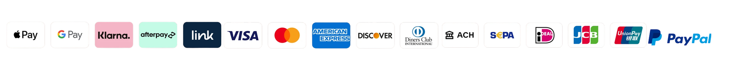 Symbole verschiedener Zahlungsdienste wie Apple Pay, Google Pay, Klarna, Afterpay, Link, Visa, Mastercard, American Express, Discover, Diners Club, ACH, SEPA, iDEAL, JCB, UnionPay, und PayPal.