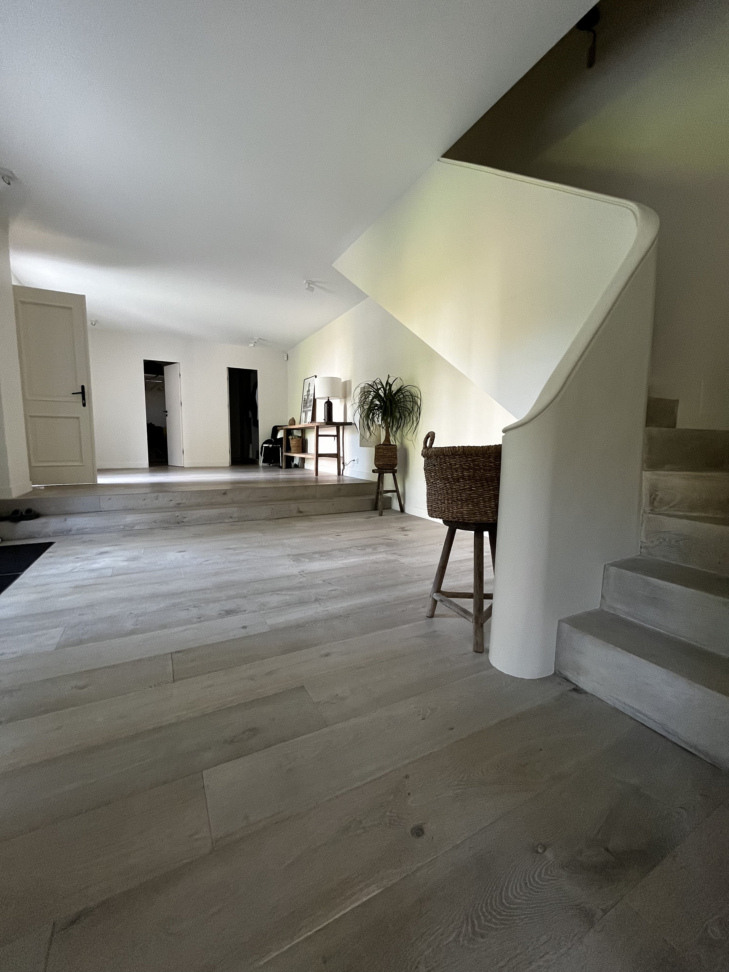 Intérieur d'une maison avec escalier en bois clair, une table avec lampes et plantes, murs blancs et sol en bois clair.