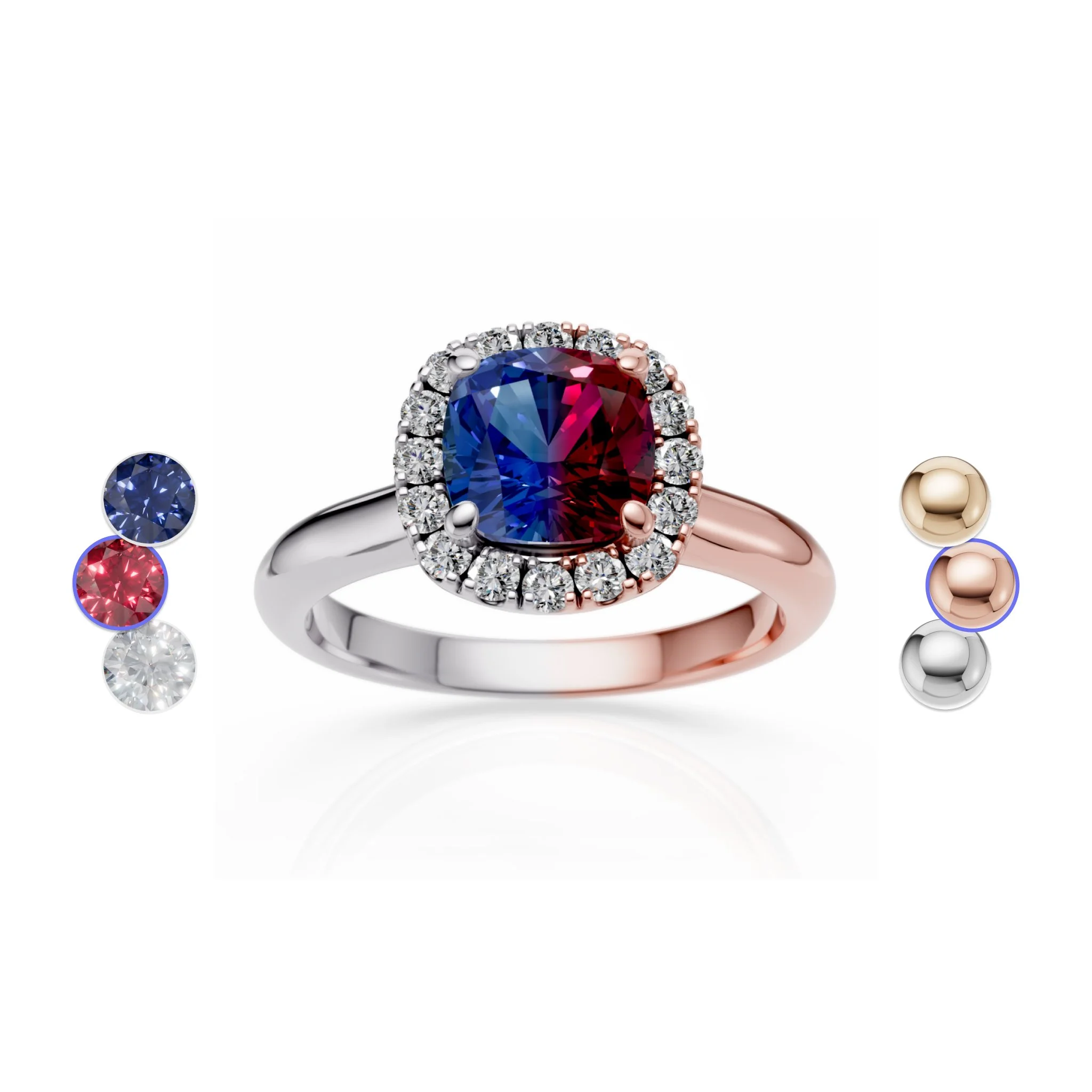 Close-up of a ring with a red and blue gemstone surrounded by small clear diamonds and set in a silver band, with several colorful gemstones partially visible in the background.