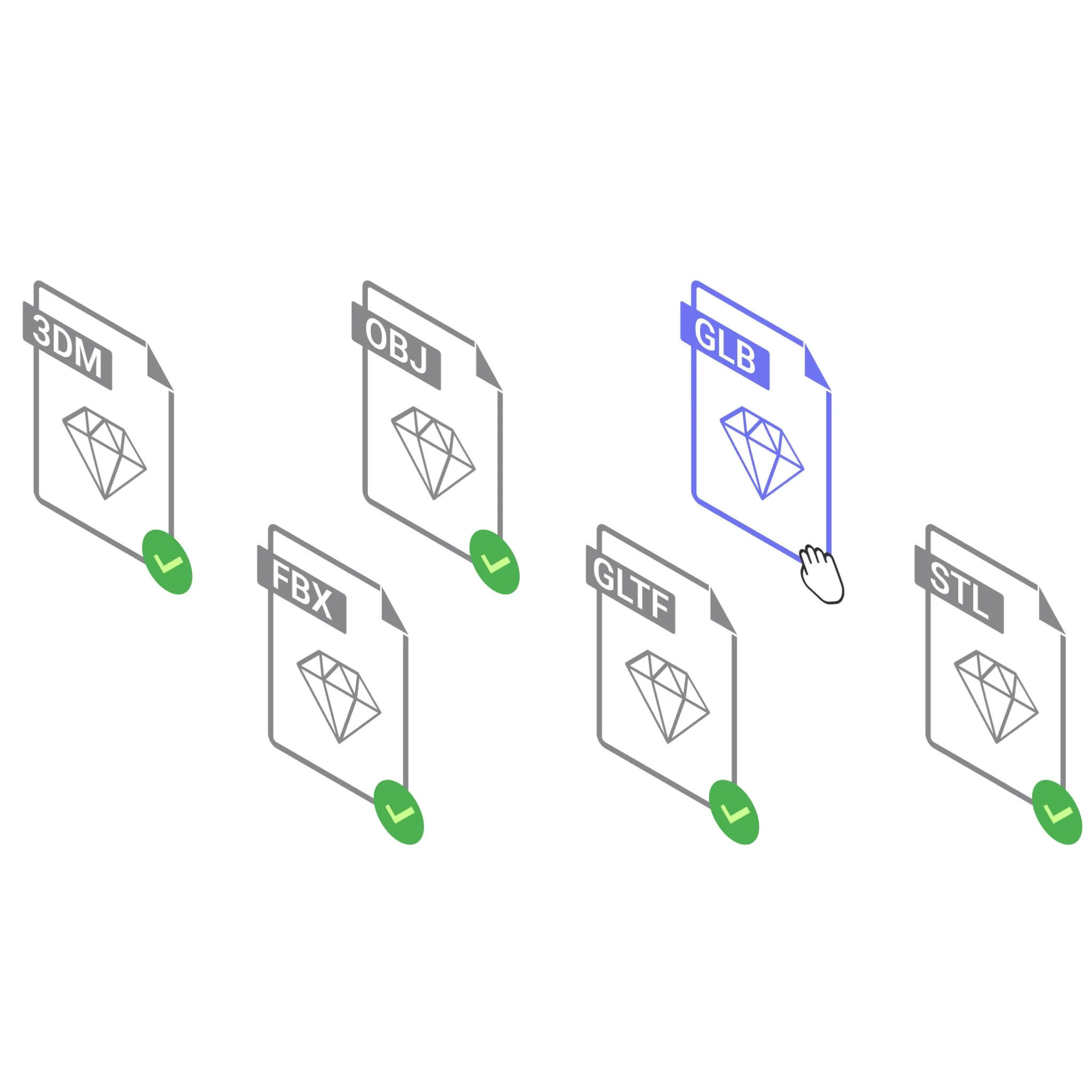 Digital illustration of three files labeled '3DM', 'OBJ', and 'GLB', each with a diamond icon, connected by green checkmarks on the left and a hand cursor pointer clicking on the 'GLB' file.