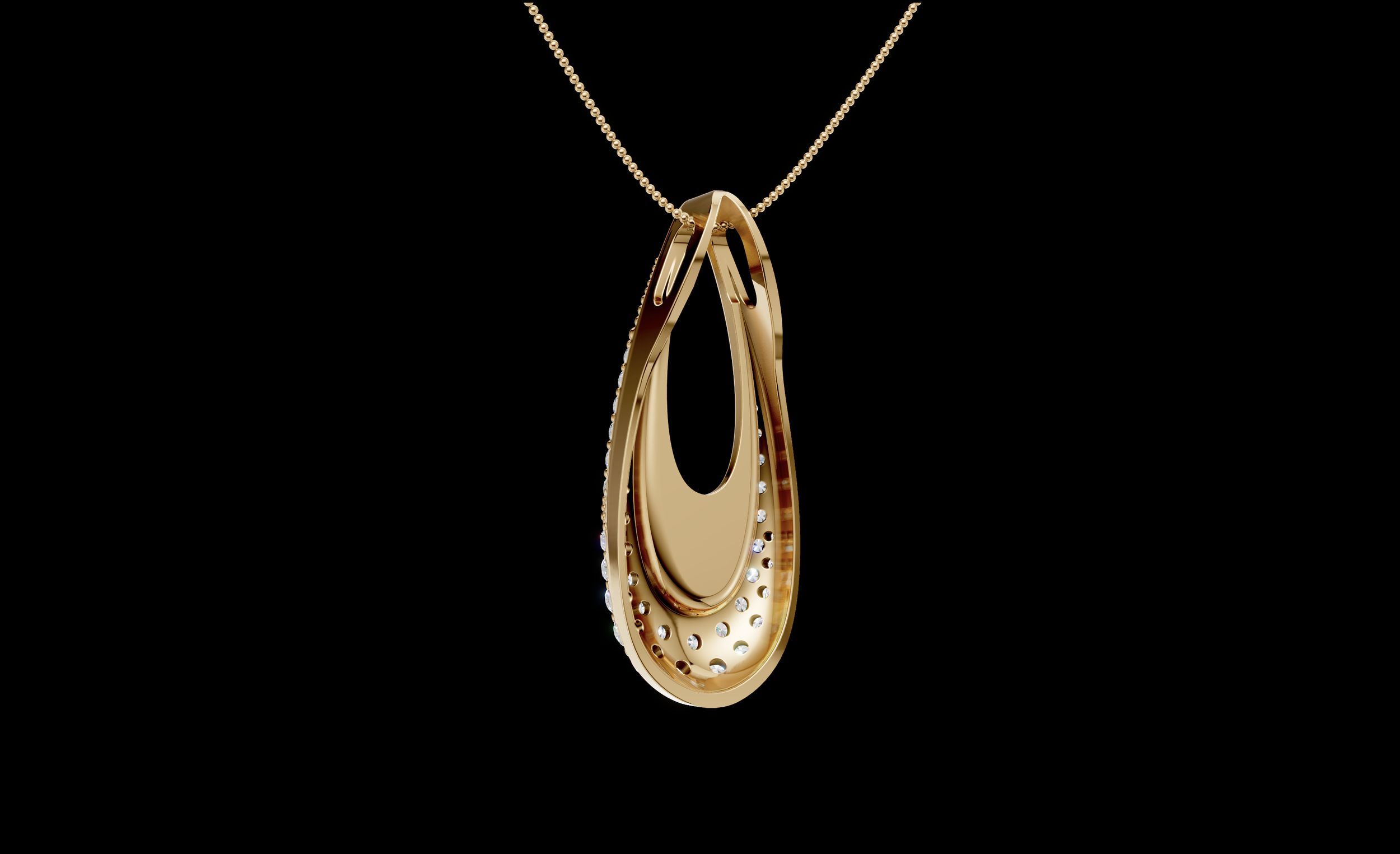 Collier en or avec pendentif en forme de boucle orné de petits diamants, suspendu à une chaîne en or à petites perles.