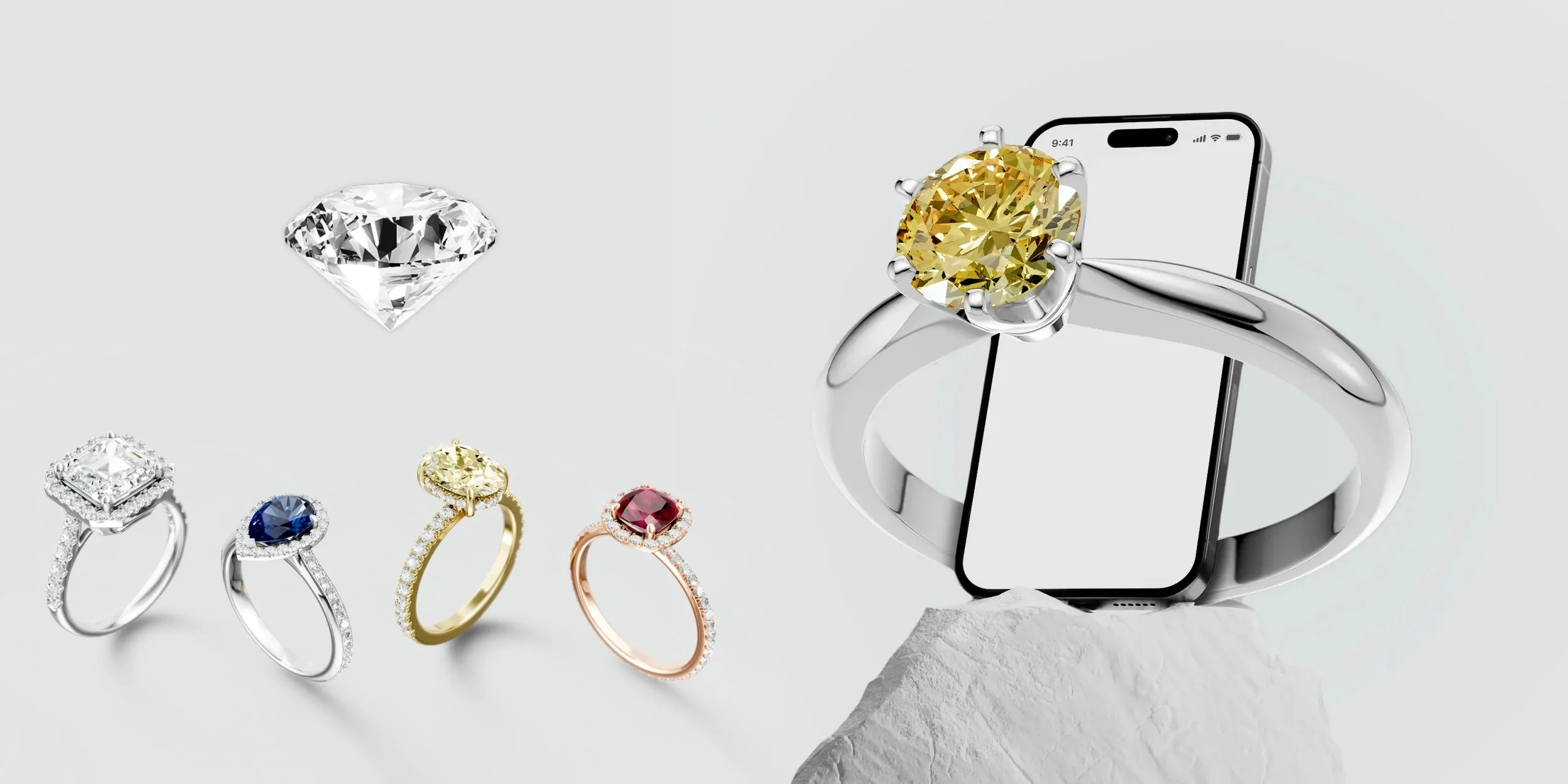 A collection of rings with various gemstones, including diamonds and colored stones, alongside a smartphone with a large yellow gemstone ring displayed on top, all set against a light gray background.