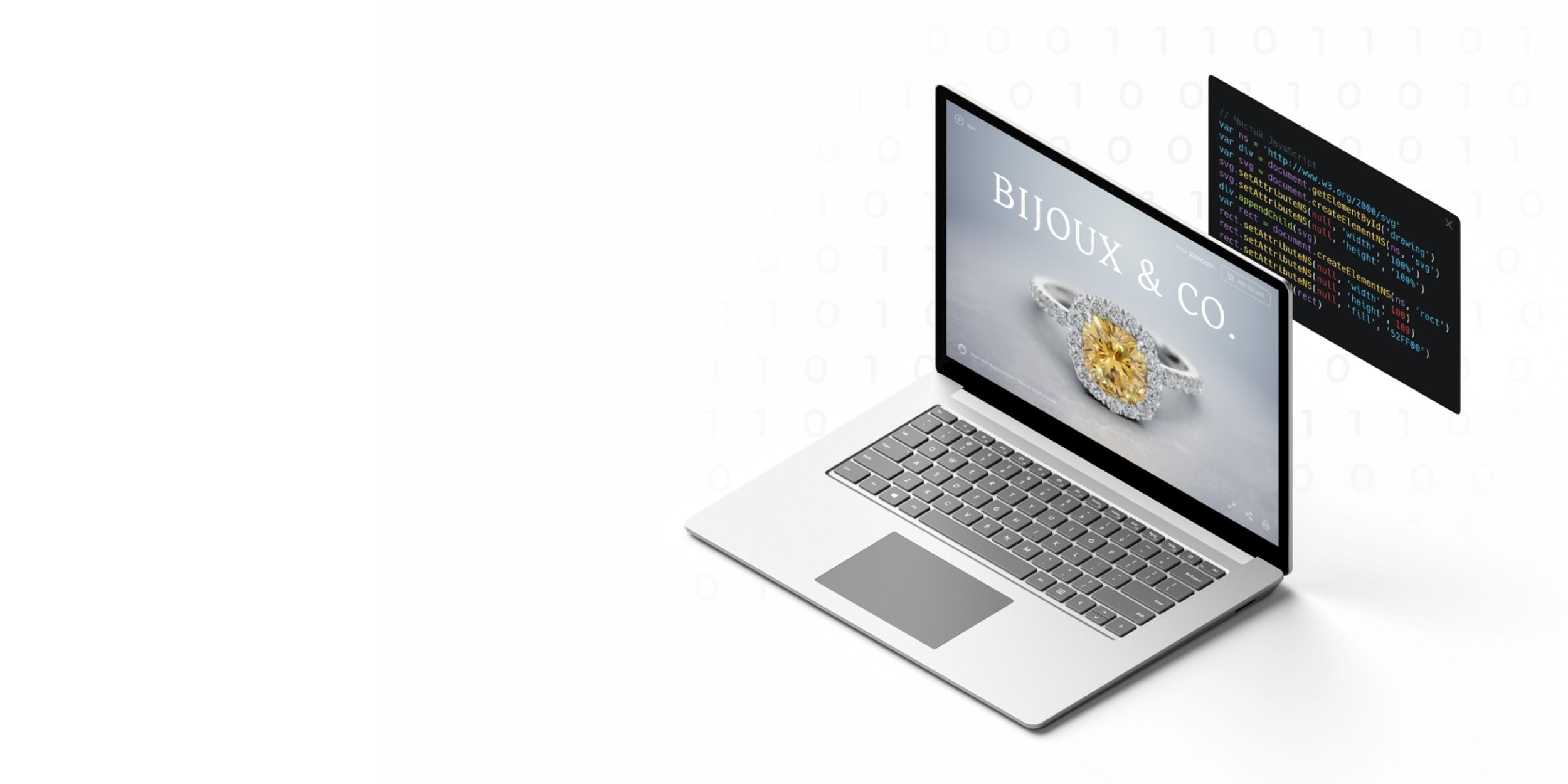 A silver laptop displaying a jewelries website with a close-up of a diamond ring featuring a yellow gemstone, and coding on a screen overlay.