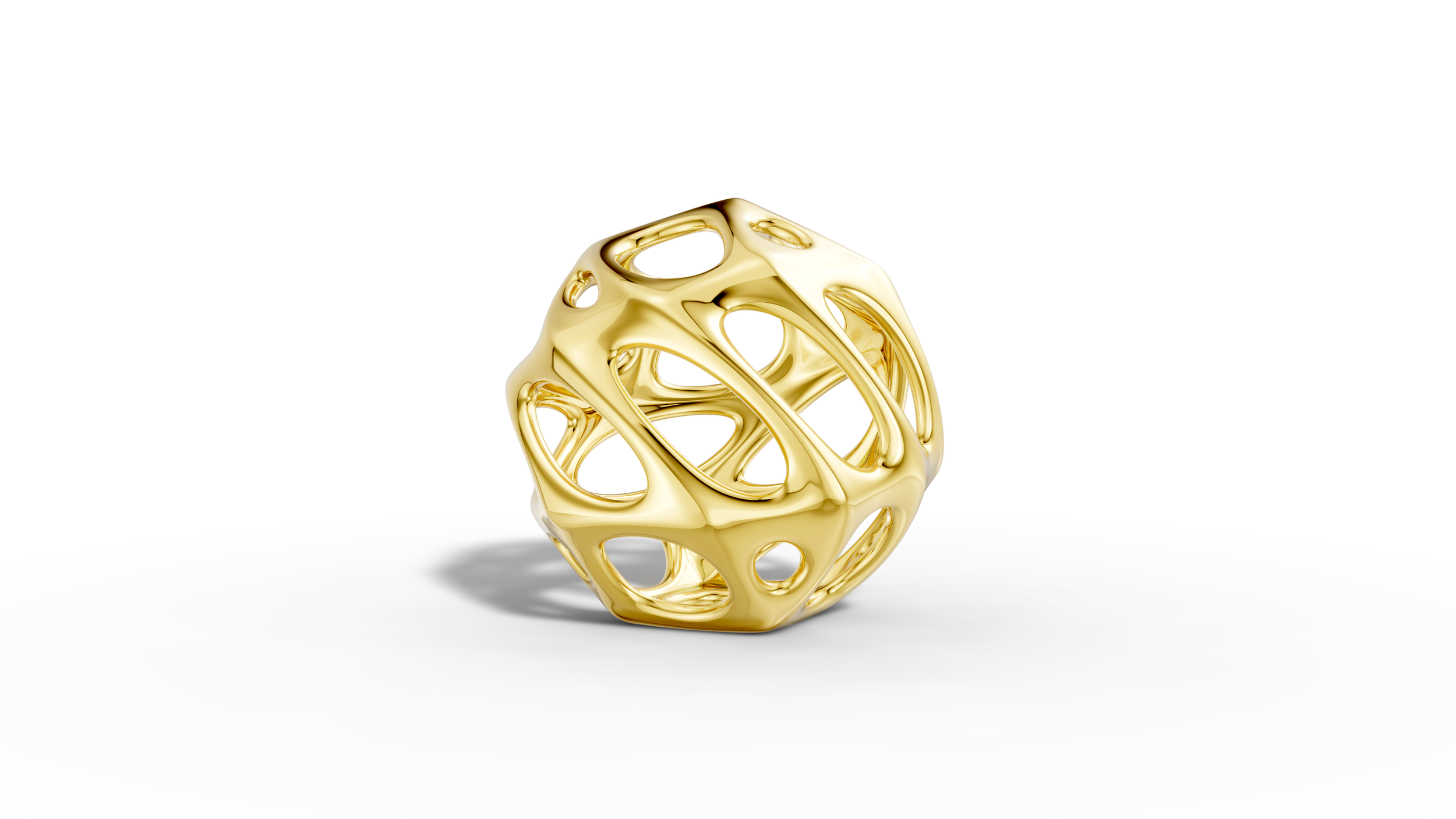 A 3D model of a gold geometric sculpture with an open, web-like structure, placed on a white surface with a shaded shadow.