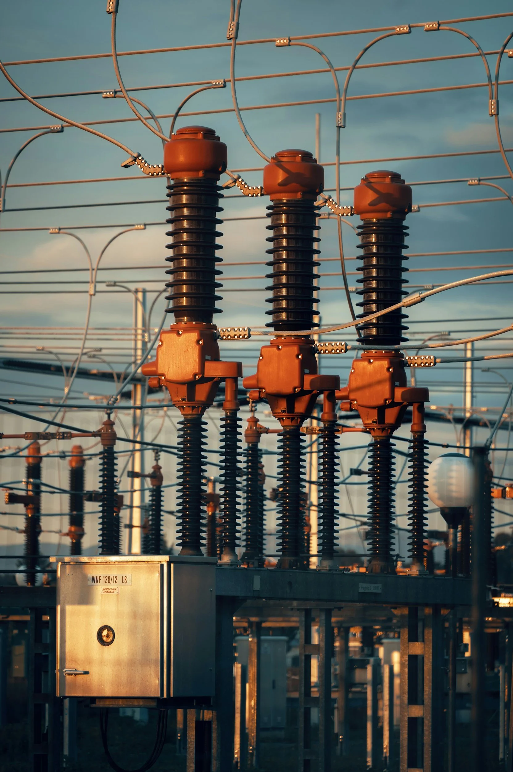 Close-up of electrical power substation components with insulators and wires at sunset