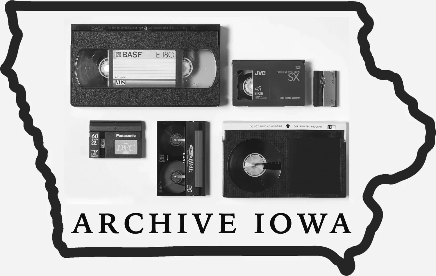 Black-and-white photo of vintage cassette tapes and a tape recorder arranged inside an outline of the state of Iowa with the words "Archive Iowa" below.