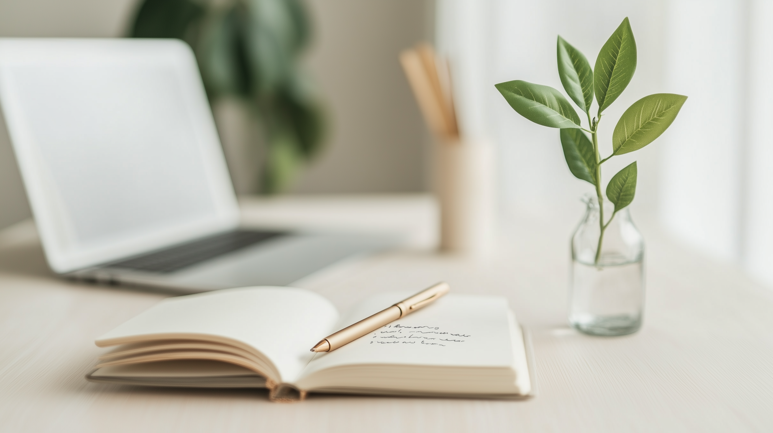 Calm image of an open notebooks with a pen and a glass with leafs