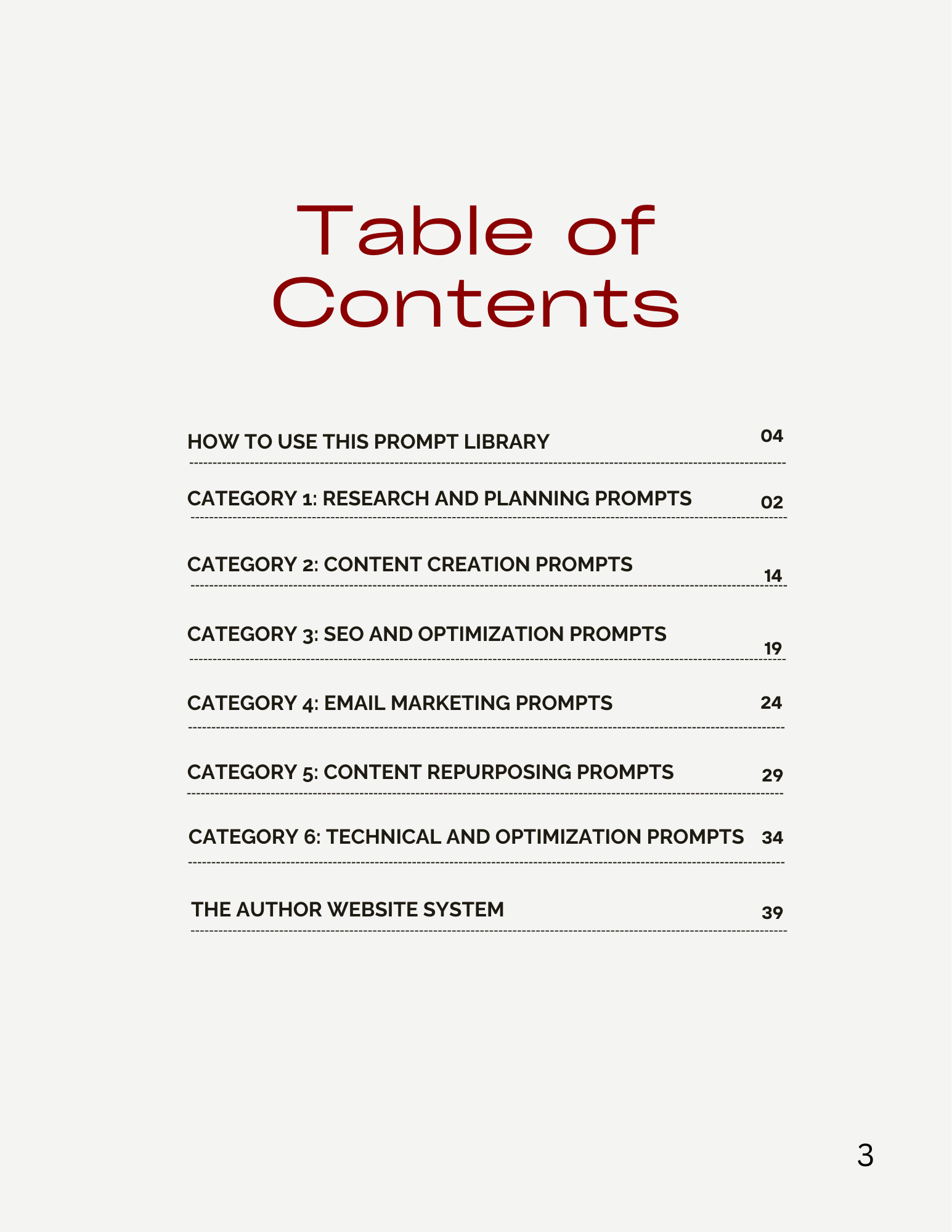 Sample Table Of Contents from Author Website System Prompt Library
