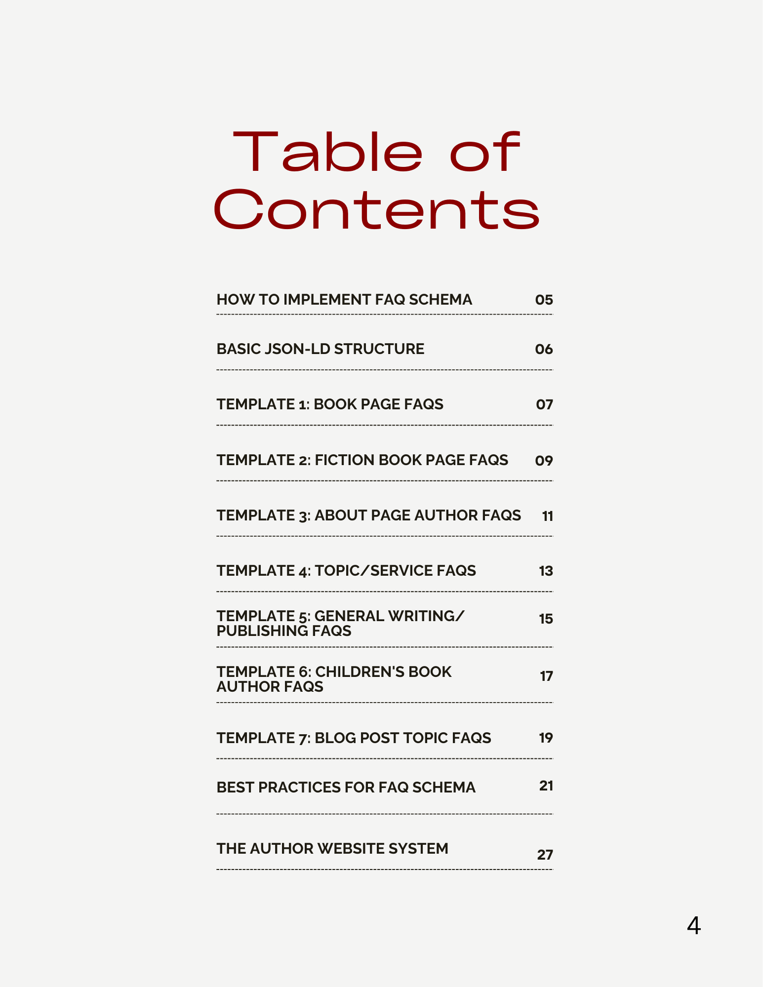 Table of Contents for FAQ Schema Templates