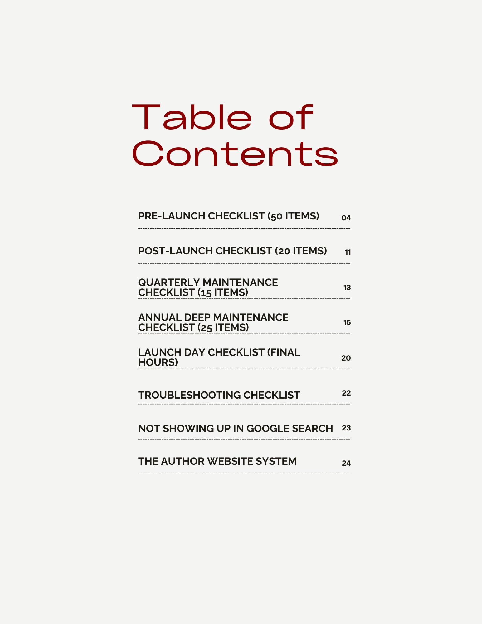 Table of Contents from Author Website System Checklist