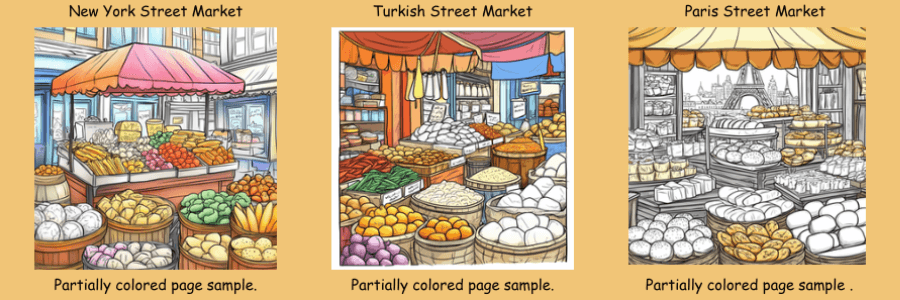 Sample coloring pages from: Food Coloring Book For Adults: Street Foods From Around The World Vol. 2