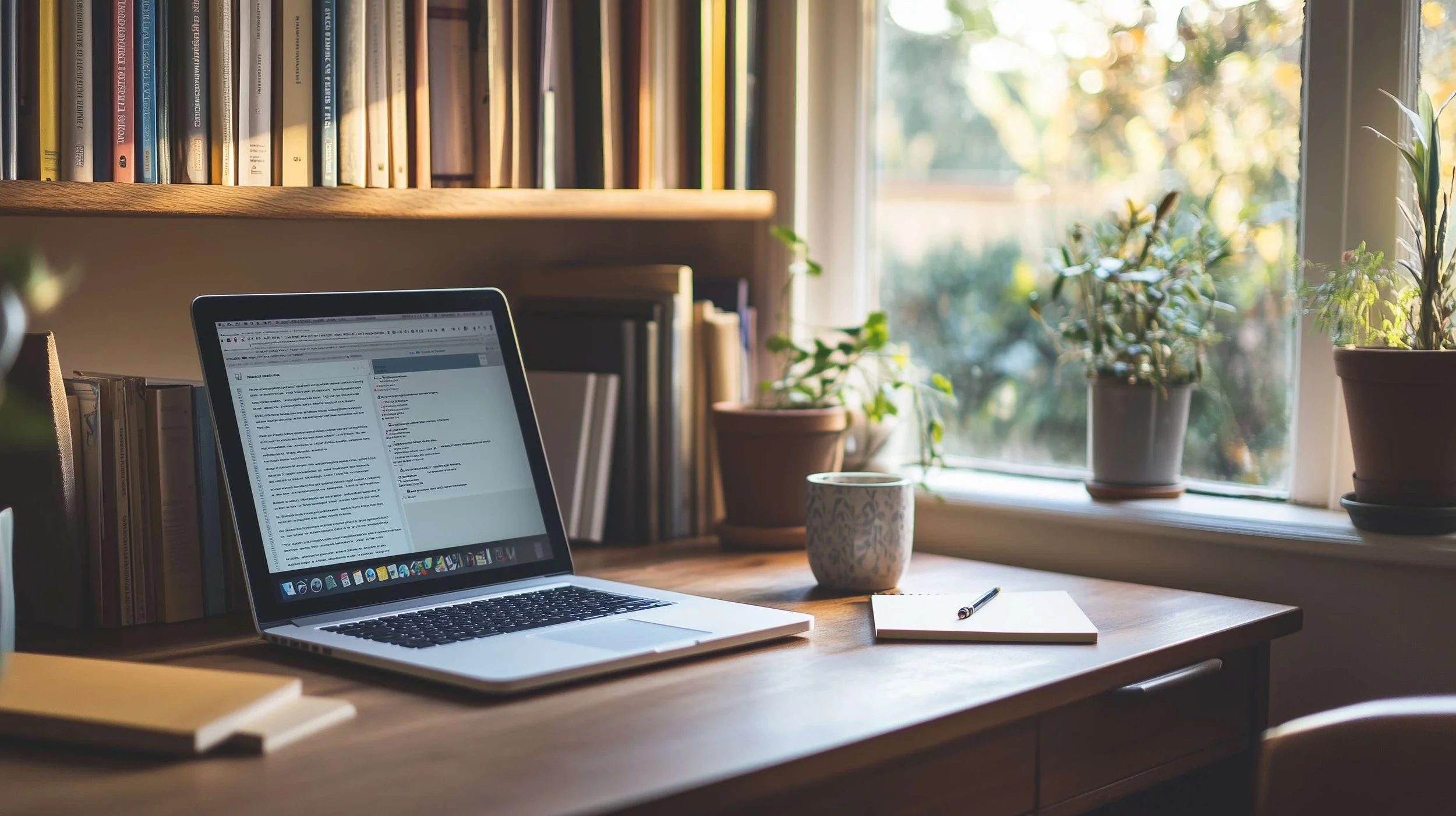 Soft light on an open laptop and a desk with a bookshelf behind it.