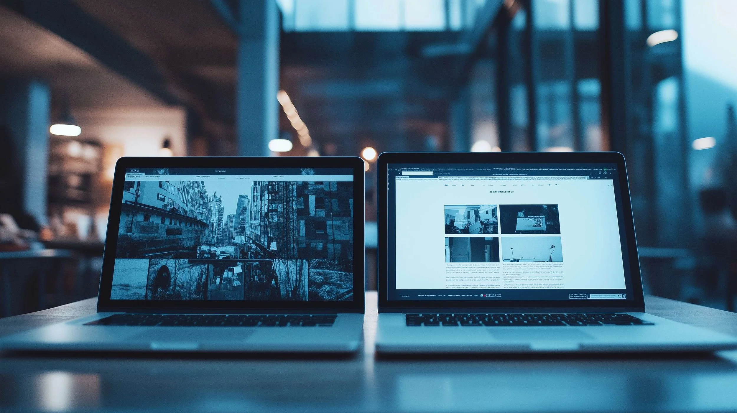 Two open laptop computers showing differences in website homepage designts.