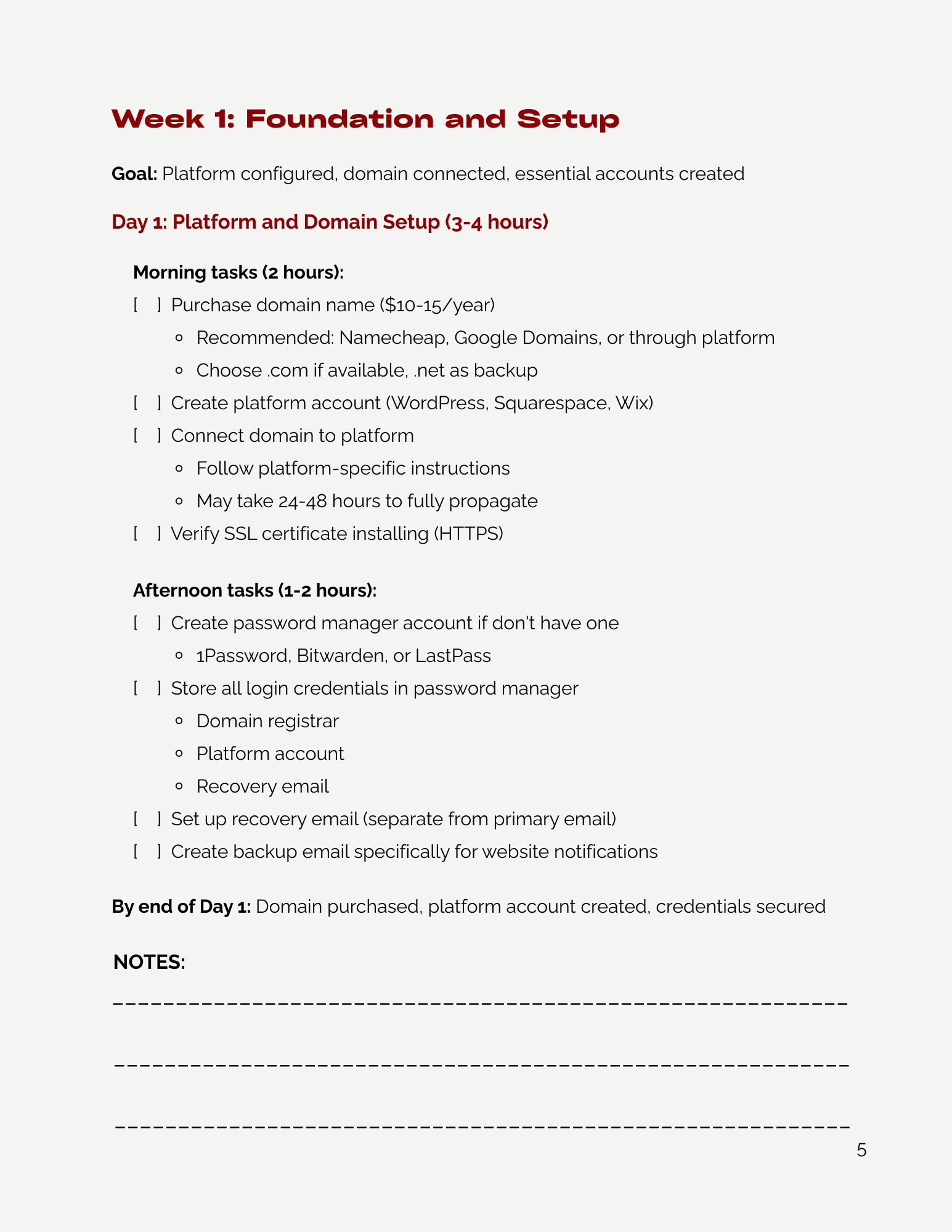 Sample page for doundation setup of the 30 day website plan