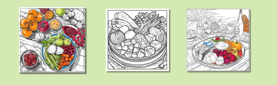 Sample coloring pages from: Food Coloring Book For Adults: Mindful Plant Based Meals Vol. 8