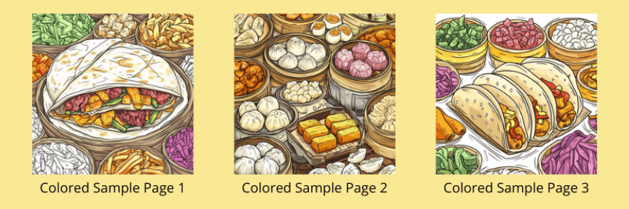 Sample coloring pages from: Food Coloring Book For Adults: Fusion Cuisine From Around The World Vol. 5