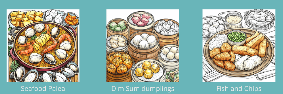 Sample coloring pages from: Food Coloring Book For Adults: Culinary Classics, 50 Iconic Dishes Vol. 6