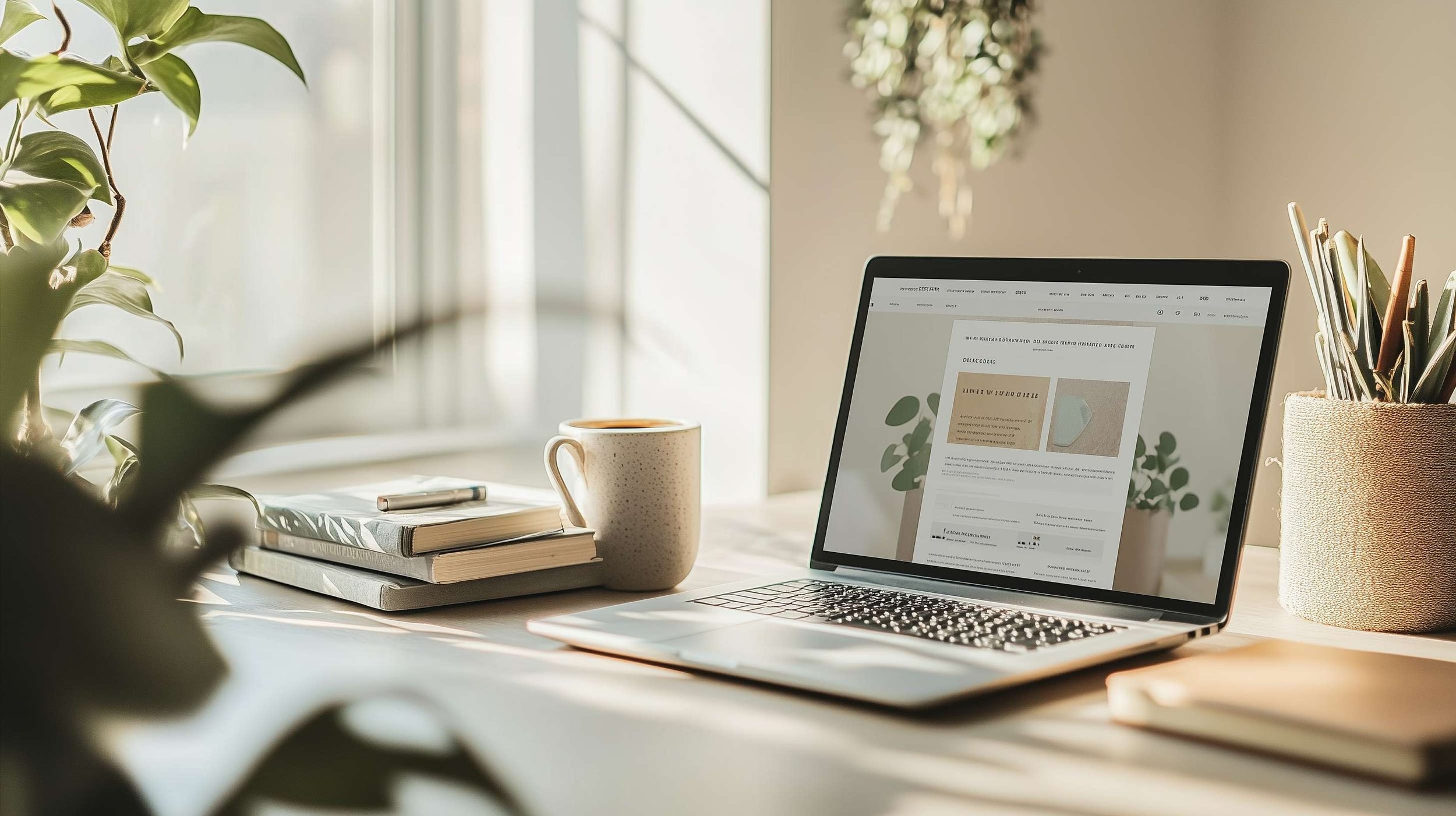Desk with an open laptop showing a website soft light.