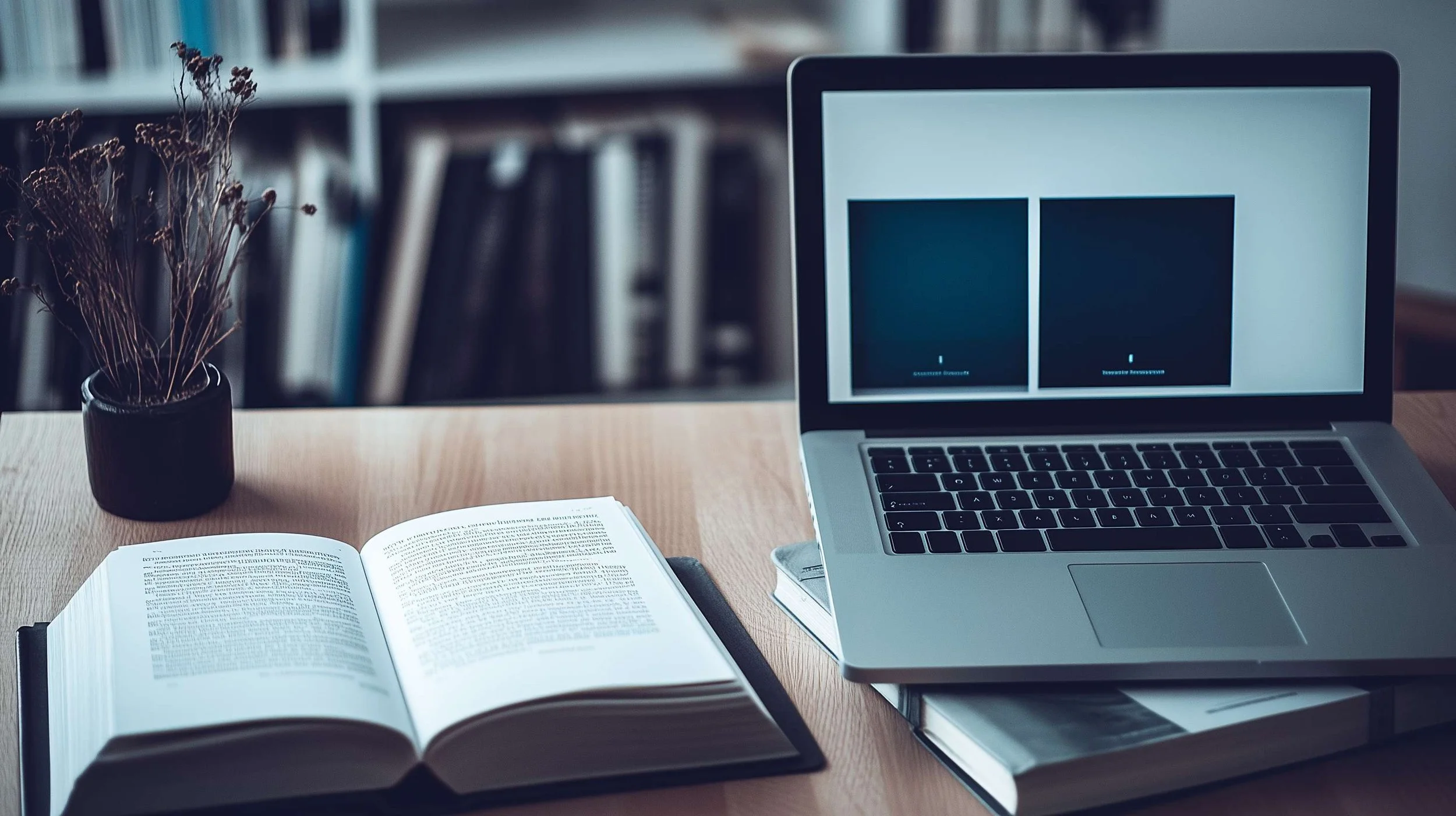 Open book and laptop sitting on a desk.