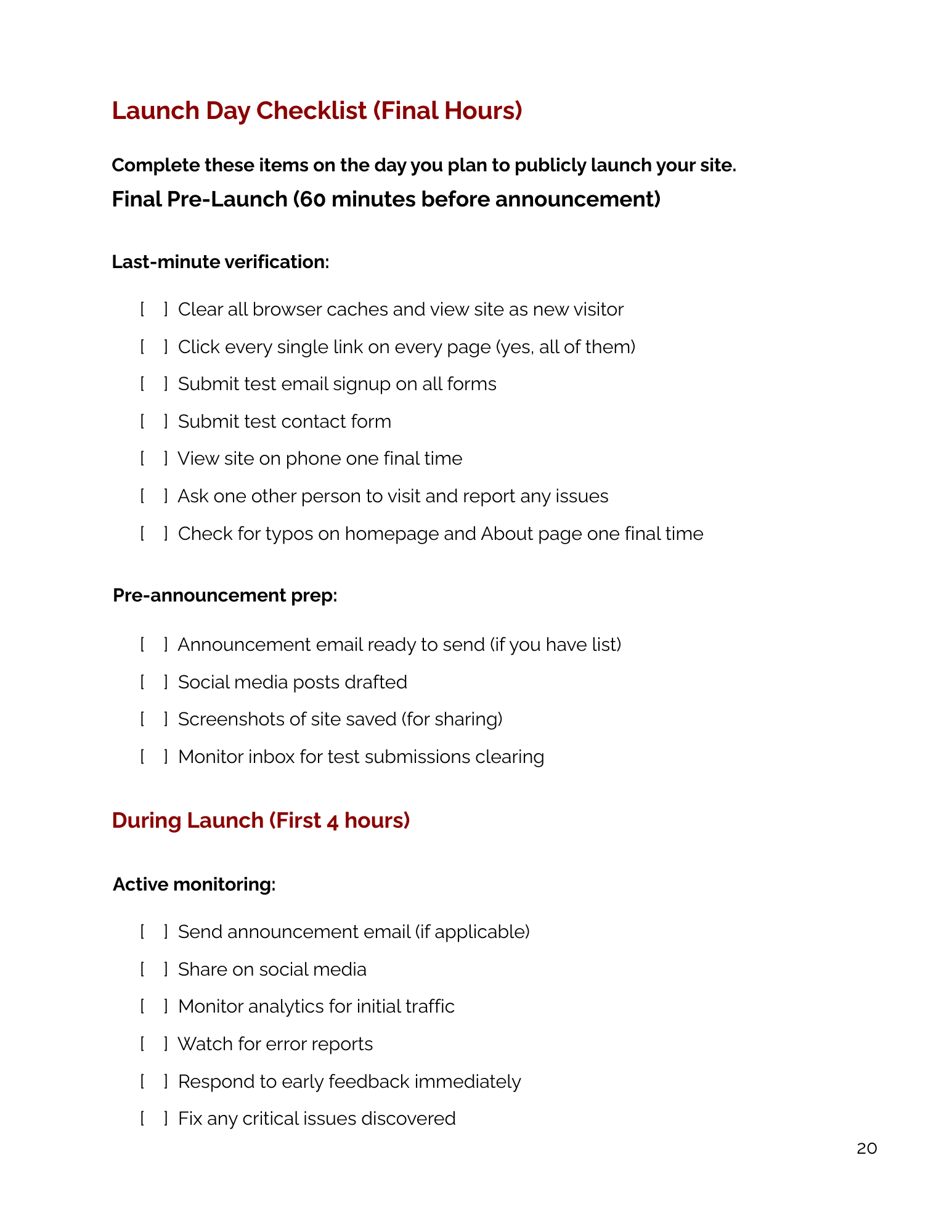 Sample Lauch Day Checklist fromt he Author Website System Checklist