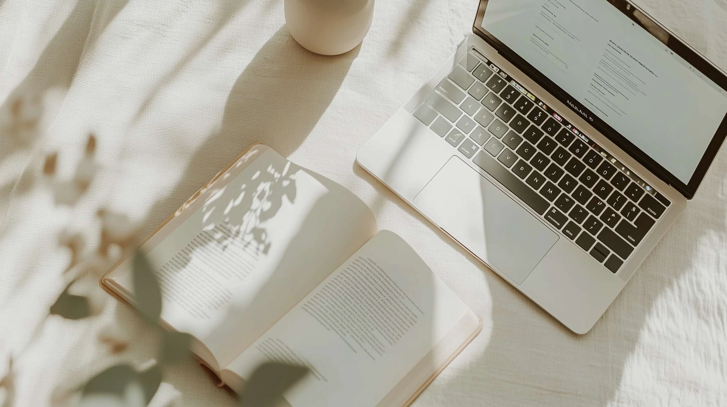 Soft light over an open book and a laptop.