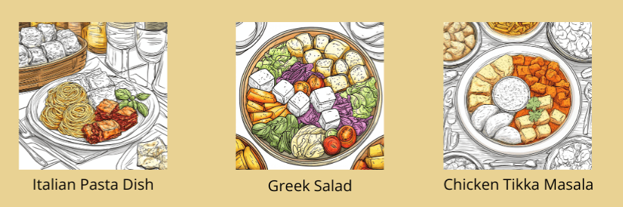 Sample coloring pages from: Food Coloring Book For Adults: Around The World In 80 Dishes Vol. 1