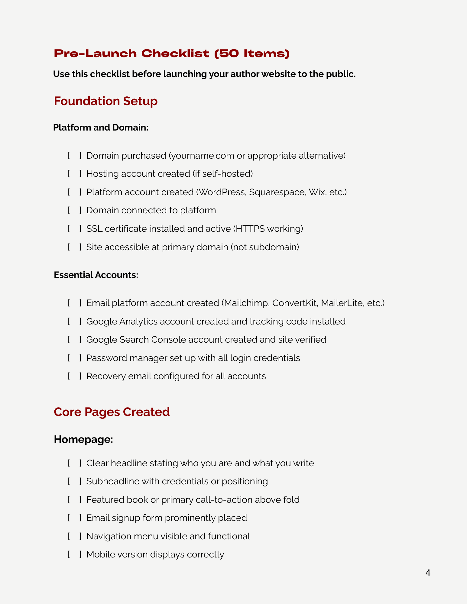 Sample of Pre Launch Checklist from Author Website System Checklist