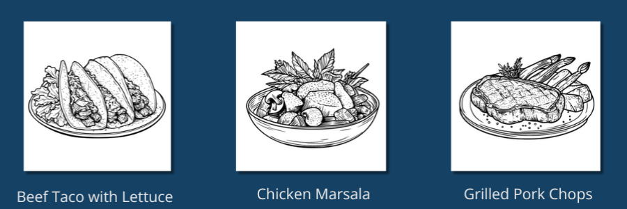 Sample coloring pages from: Food Coloring Book For Adults: Calm Cuisine, Nutritious Meals