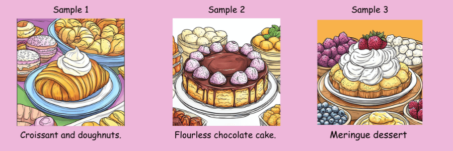 Sample pages from: Food Coloring Book For Adults, Desserts By Famous Chefs Vol. 4