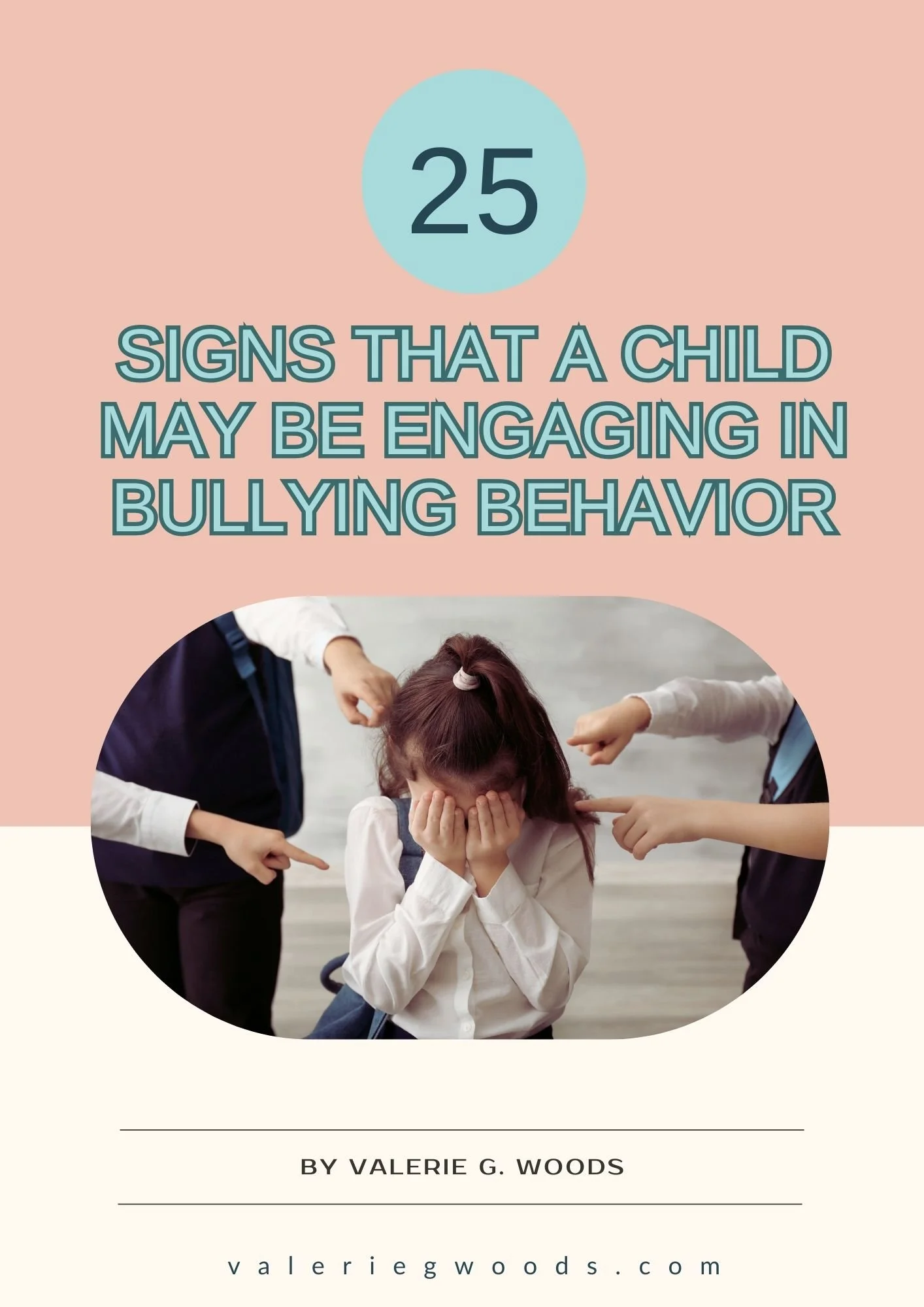 Cover page of a book titled '25 Signs That a Child May Be Engaging in Bullying Behavior' by Valerie G. Woods. The cover features a photo of a girl sitting with her hands covering her face being bullied by two other children pointing and touching her.