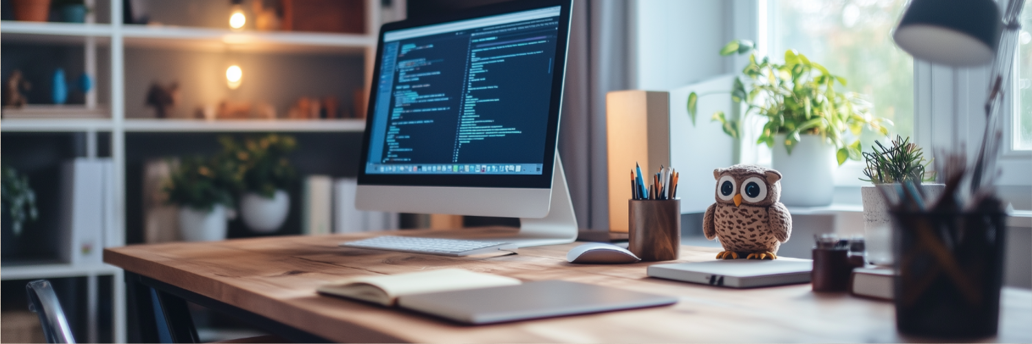 A website workspace header image for an office with a desktop computer and an owl.