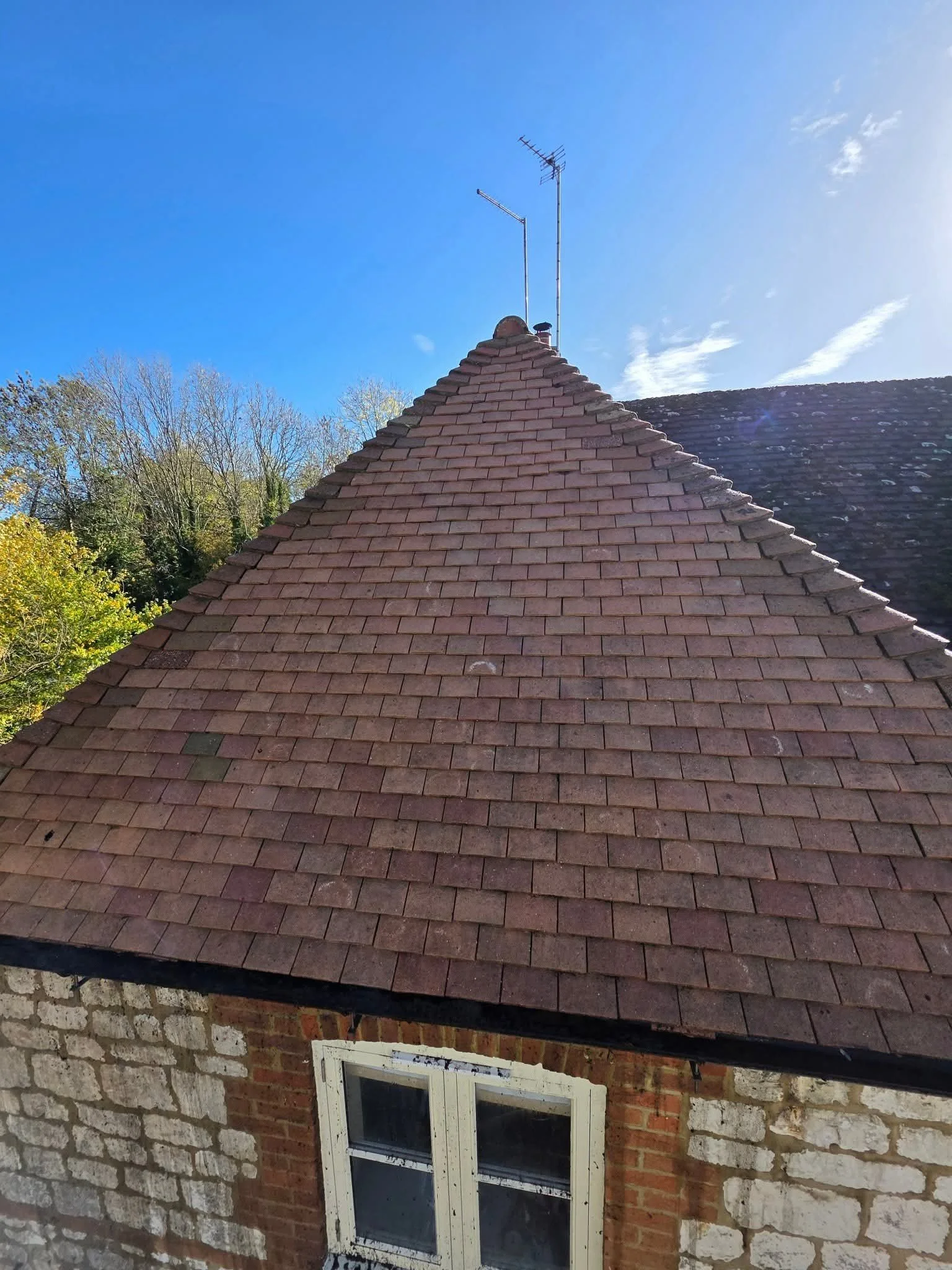 Roof with red shingles and TV antennas on top, brick wall with white and red bricks, set against a bright blue sky with trees in the background.