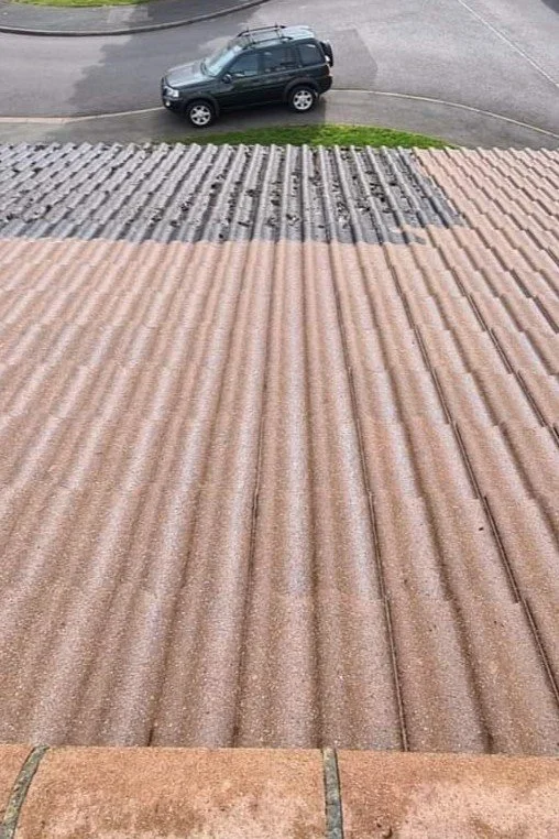Comparison of a roof's condition before and after moss removal and biocide treatment by Immaculate Services in Berkshire.