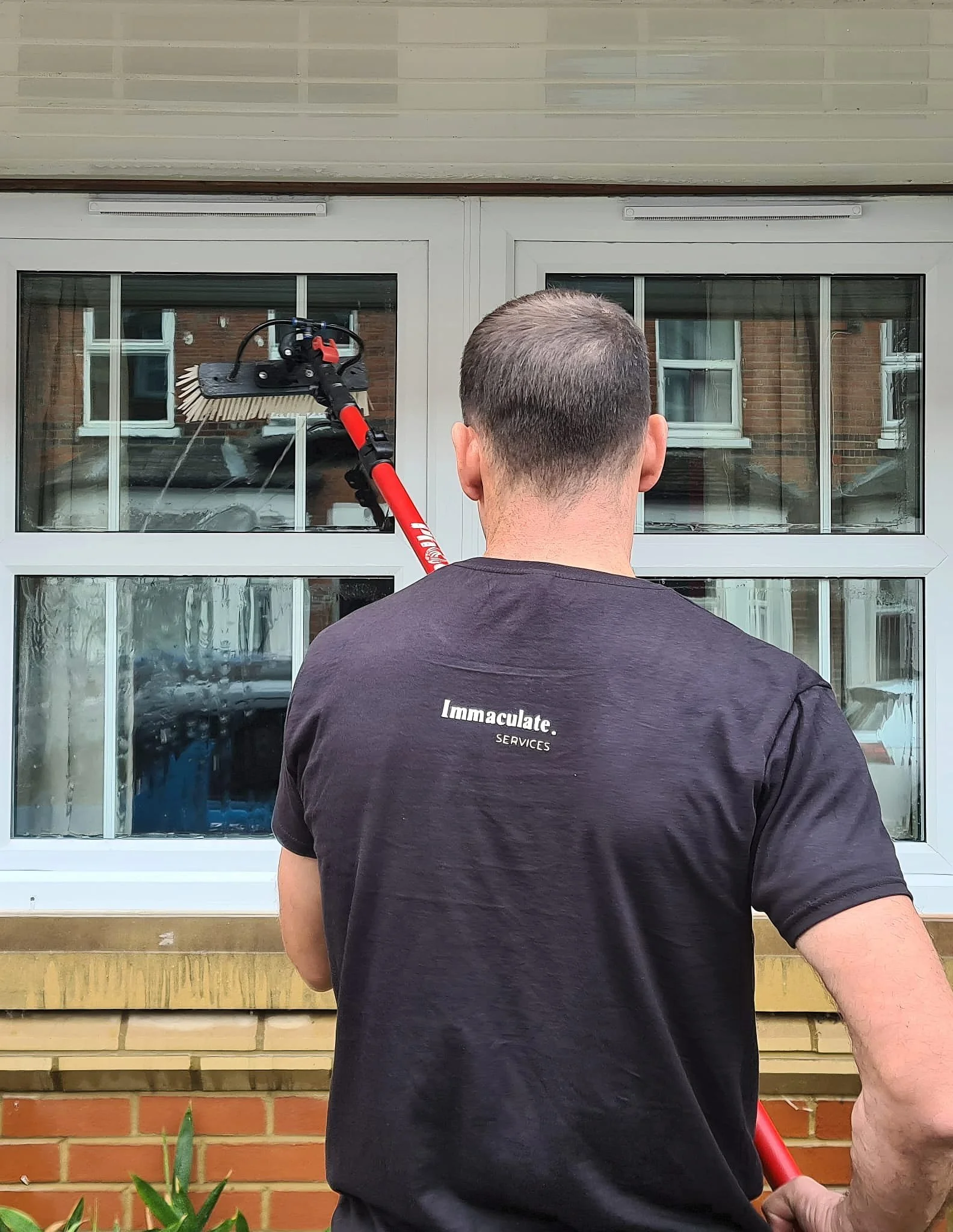 Back of a person with short hair holding a red in and out tool, standing in front of a window with a brick wall behind it, and a plant in the bottom left corner.