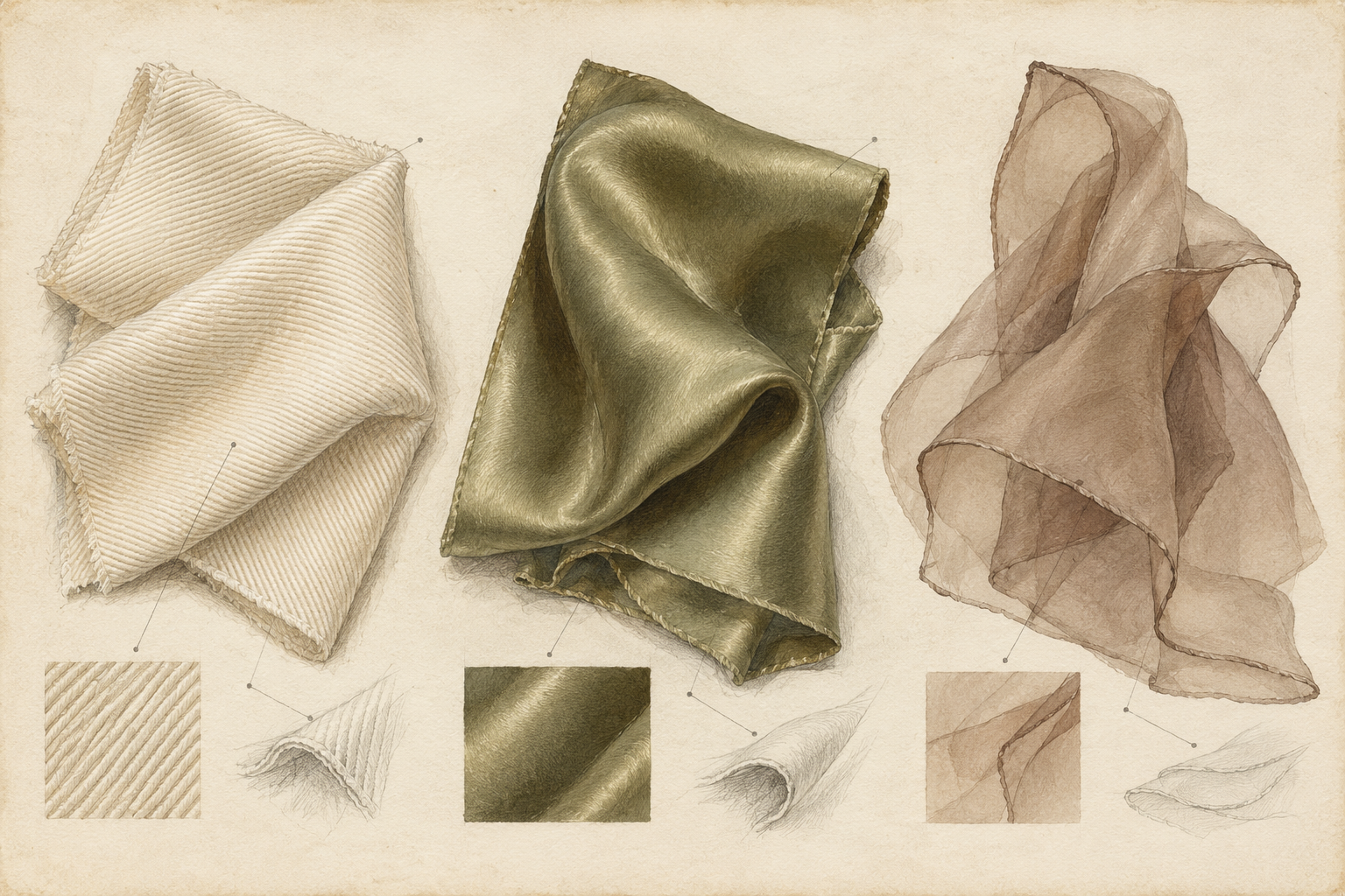 Silk twill, satin and chiffon