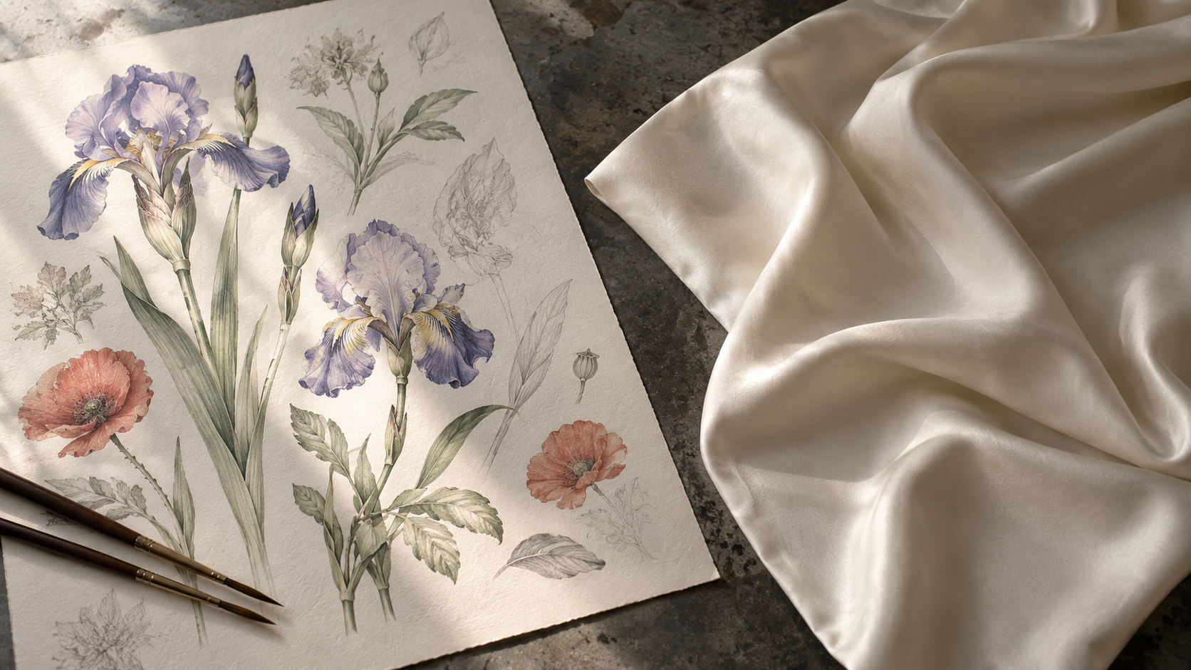 Conceptual illustration of original botanical studies beside unprinted ivory silk