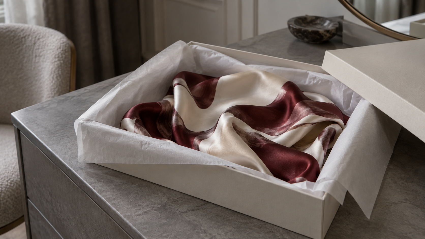 Conceptual illustration of a loosely folded burgundy and ivory silk scarf in a tissue-lined box