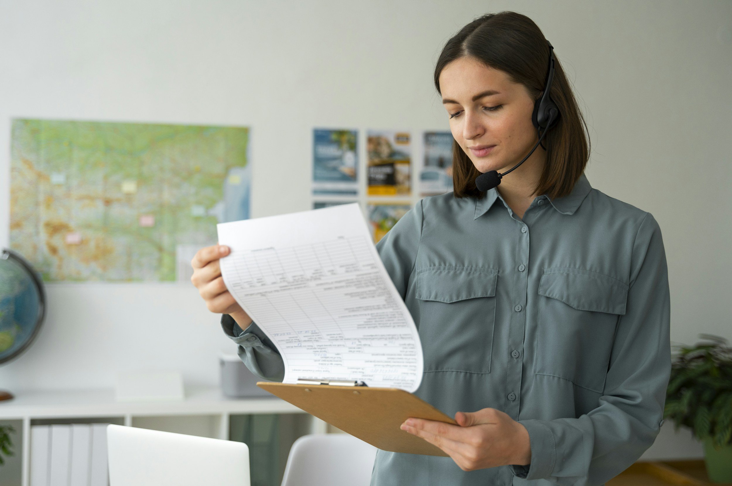 Mujer con auriculares y cámara frente a un escritorio, revisando documentos en una oficina con mapas y fotografías en la pared de fondo.