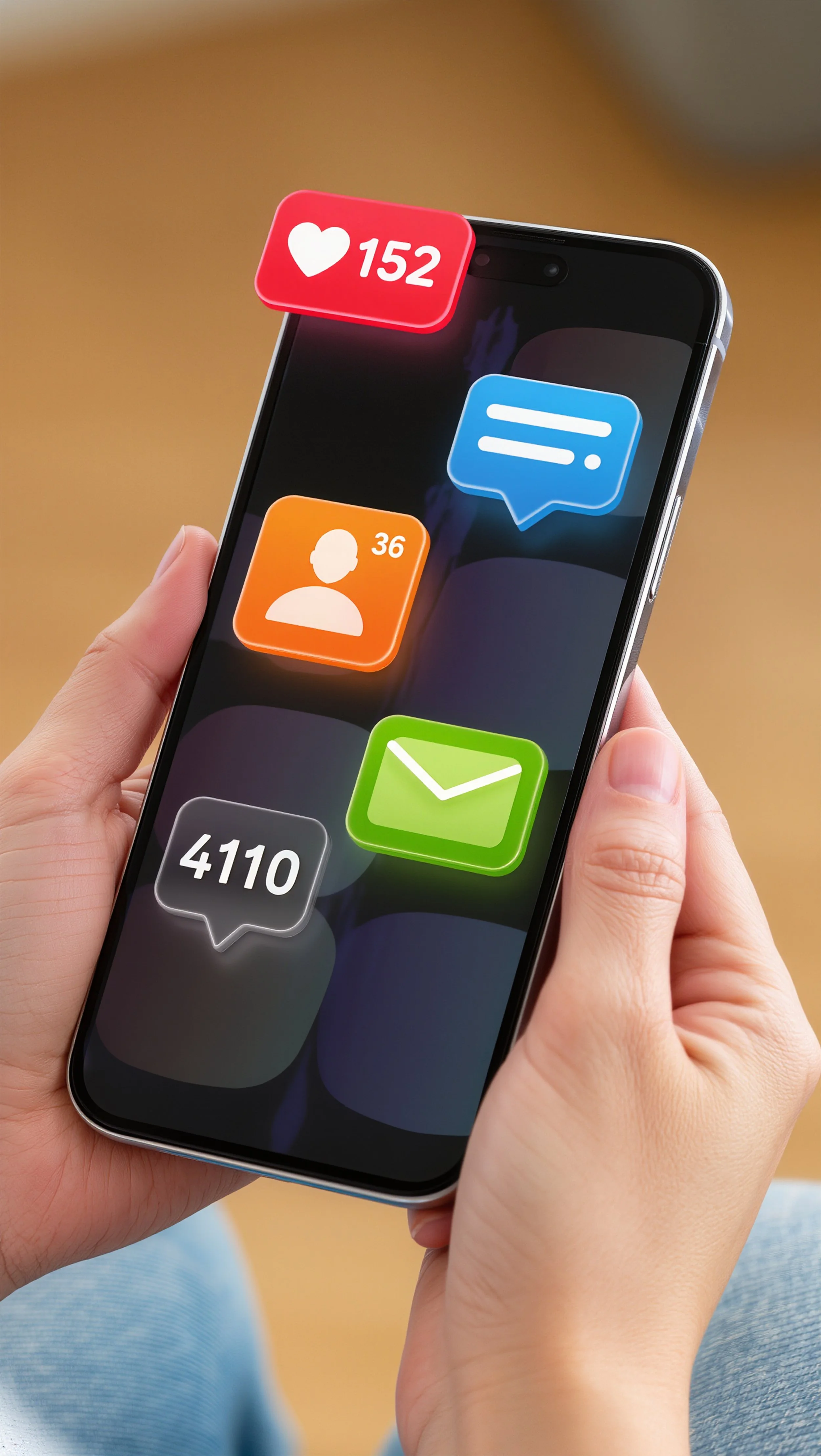 Hand holding a smartphone with app icons showing social media notifications, messages, and emails.